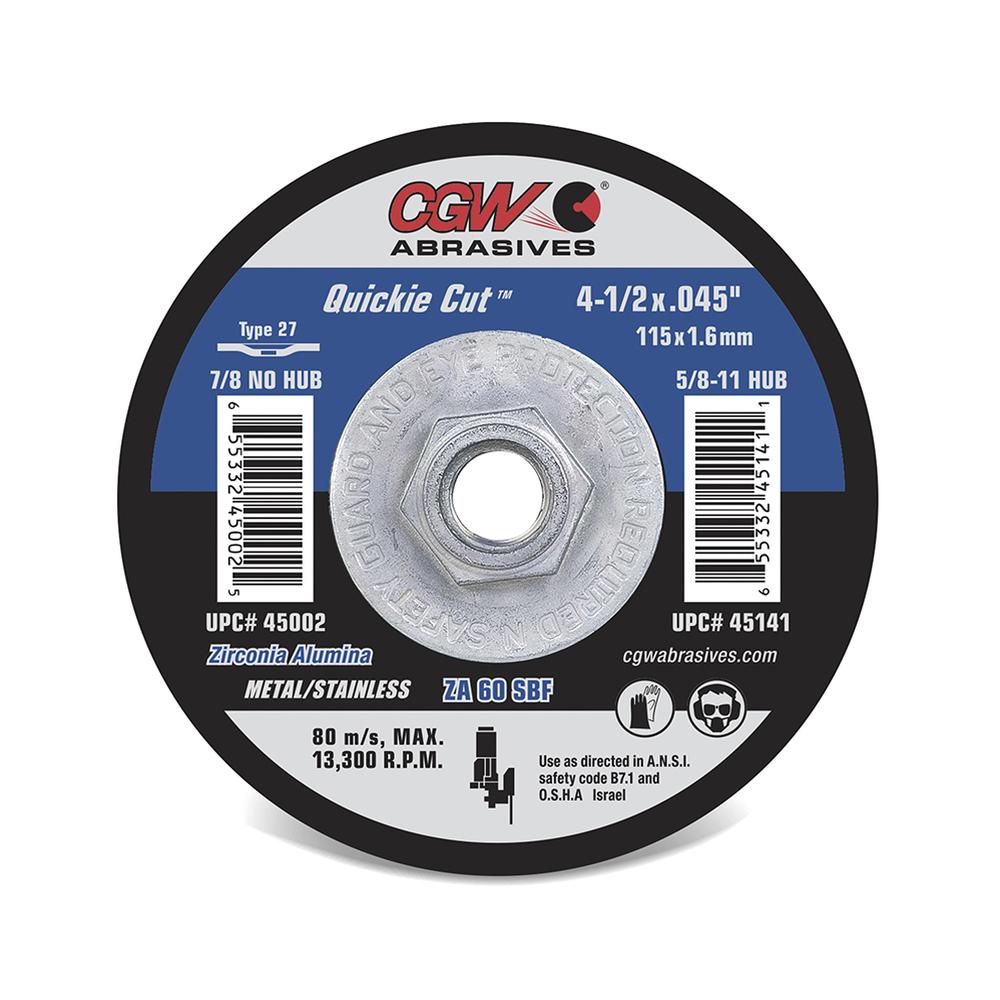 Cutting & Grinding | Quickie Cut# Reinforced Cut-Off Wheel – Type 27 – Zirconia – 5 x .045 x 5/8-11 – 20 Pack